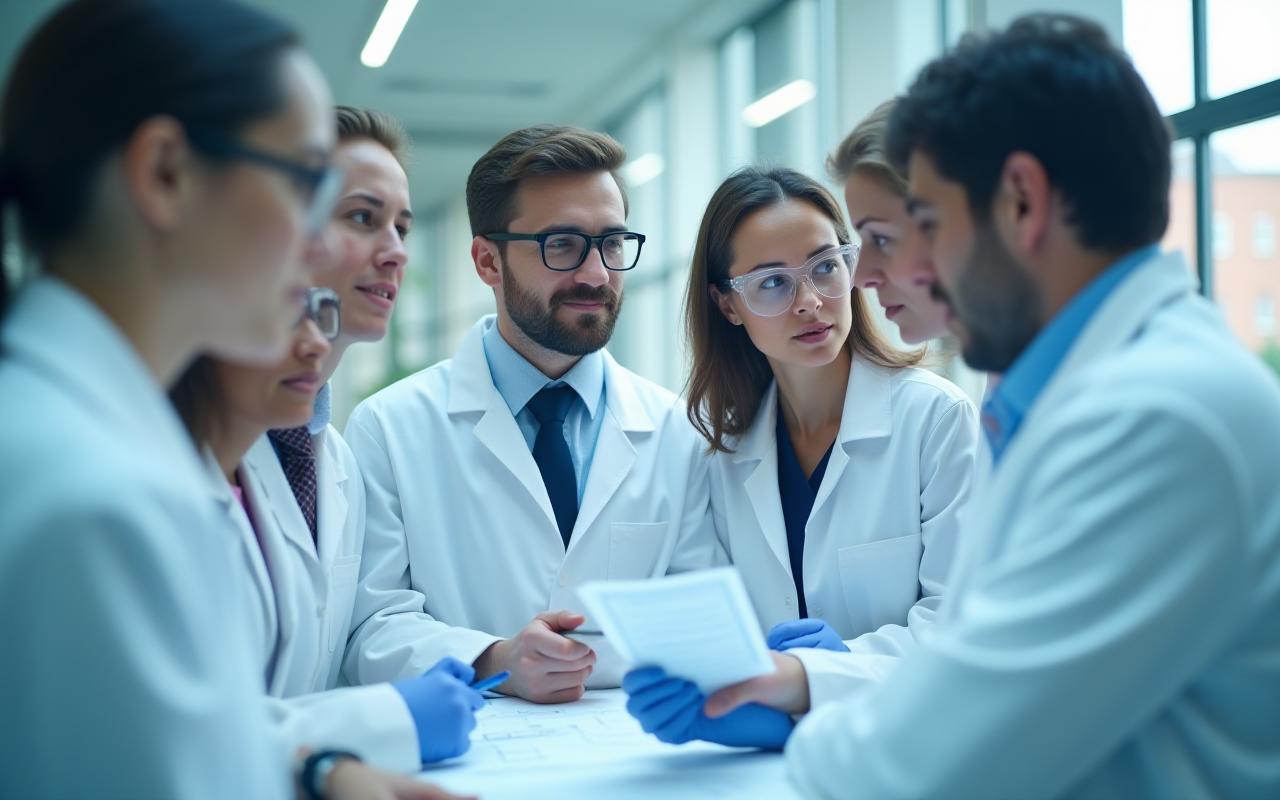A diverse team of scientists and researchers collaborating and discussing data in a brightly lit, modern laboratory setting.