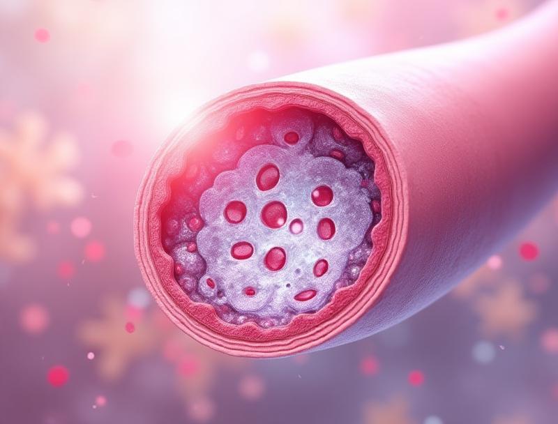 Detailed scientific illustration of the endothelial glycocalyx layer protecting the inner lining of a blood vessel.