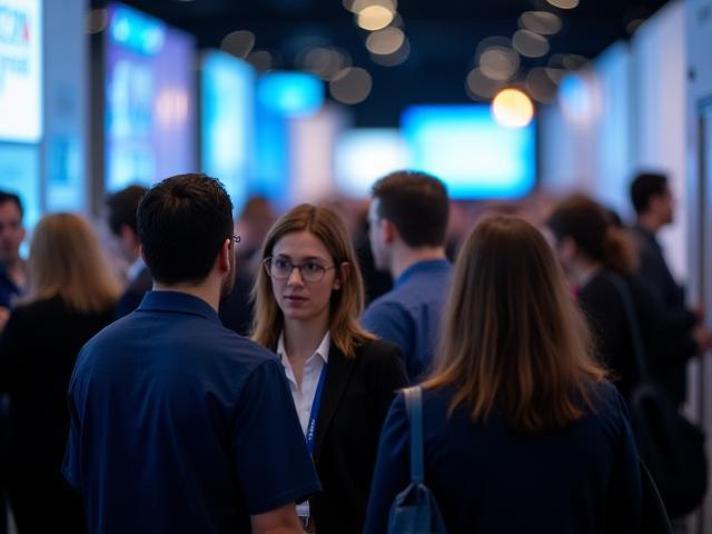 Conference attendees engaging in a scientific poster session at a medical conference.
