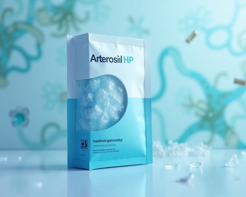 Arterosil HP product packaging with subtle background illustrations depicting vascular health and the endothelial glycocalyx.